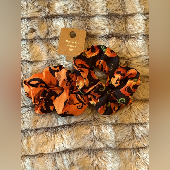 Handmade Halloween Scrunchies -  Pumpkin Jack-O’-Lantern Set (2-Pack) 🎃 - Picture 1 of 1